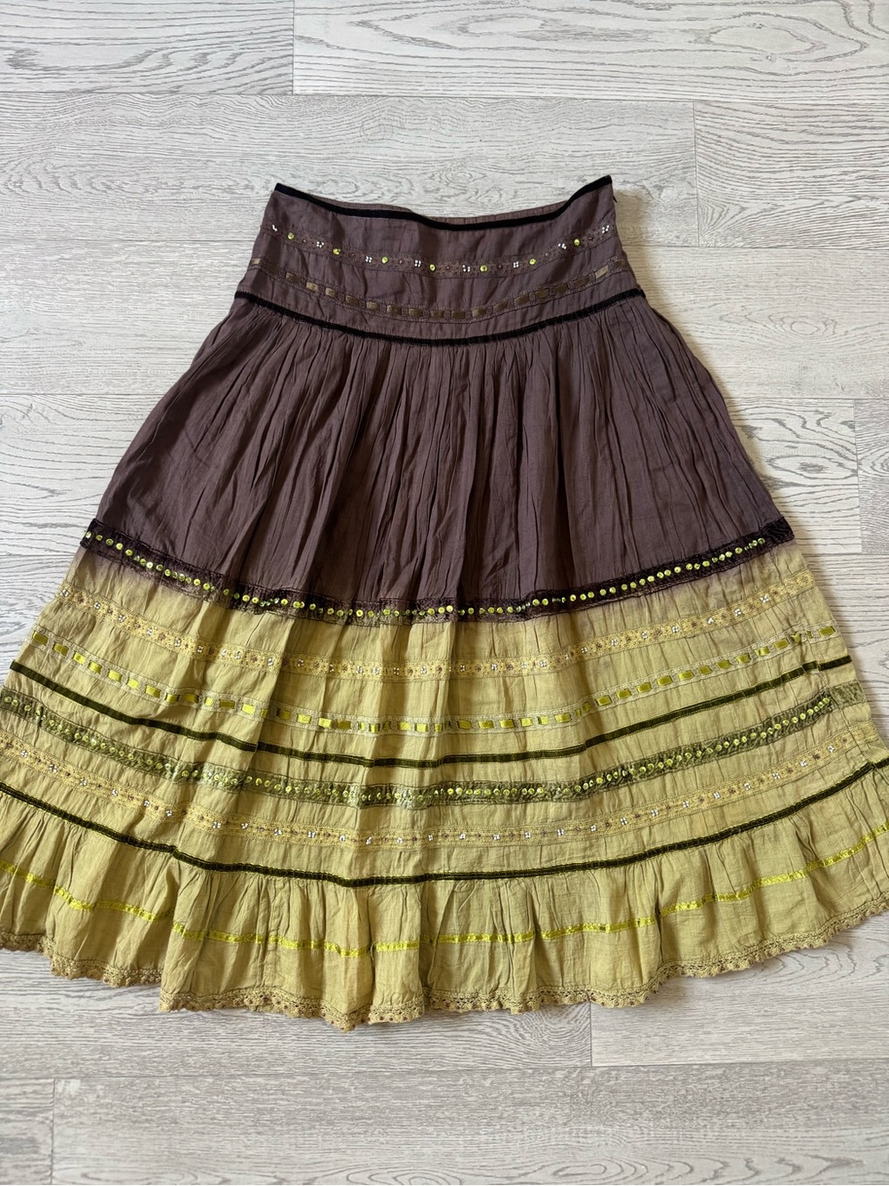 Costa Blanca Two-Tone Brown and Olive Tiered A-Line Skirt